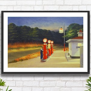 May include: A painting depicting a petrol station at night, featuring red petrol pumps and a white building. A person is filling a car with petrol. The sky is dark blue with a few stars.