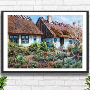 Peder Mørk Mønsted 'Frühling im rustikalen Garten' 1923 Dänischer Künstler rote Tulpen Blumengarten Landschaftskunst Kunstdruck oder gerahmter Druck.