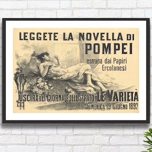 Vintage Italienisches Plakat 'The Story of Pompei' 1892 Italienisches Zeitungsplakat Beige & Schwarz Wanddekor Giclée-Druck oder gerahmter Druck. Ideales Geschenk