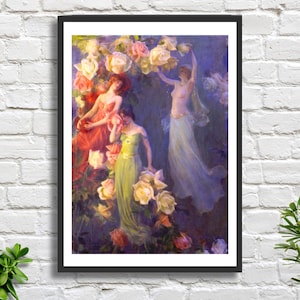 Charles Courtney Curran "Il profumo delle rose" 1902, stampa giclée o stampa incorniciata con tema romantico mitologico, decorazione da parete viola. Ideale come regalo di ringraziamento.