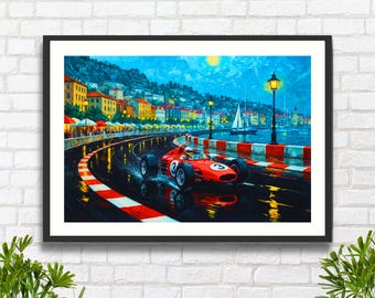 Monaco Grand Prix Wall Decor: Vintage 1960's Ferrari Racing Car Motorsport Wall Art Print