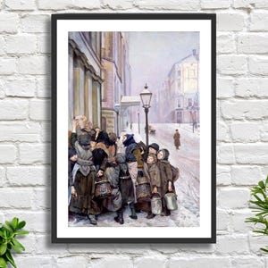 Christian Krohg 'Struggle for Survival', scena di strada innevata, artista norvegese, arte figurativa, decorazione da parete in bianco e grigio, stampa giclée/stampa incorniciata.