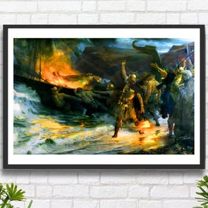 Frank Dicksee "Il funerale di un vichingo" 1893. Decorazione murale in oro e grigio raffigurante la mitologia norrena. Stampa giclée di un artista inglese o stampa incorniciata. Regalo ideale.