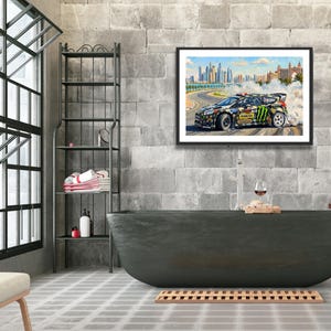 Ken Block Hoonigan Ford Fiesta ST RX43: Gymkhana 8 Dubai Impressionist Impasto Motorsport Print in a black frame hanging in a bathroom