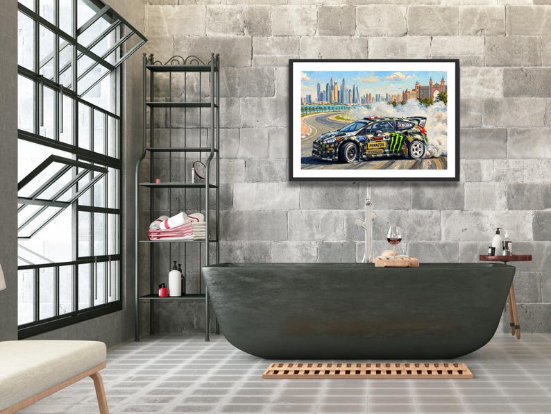 Ken Block Hoonigan Ford Fiesta ST RX43: Gymkhana 8 Dubai Impressionist Impasto Motorsport Print in a black frame hanging in a bathroom