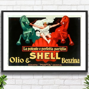 Vintage Muschelöle Plakat von Jean d'Ylen 'The Powerful and Perfect paar Shell' Vintage Werbeplakat Giclée-Druck / gerahmter Giclée-Druck.