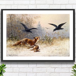 Moritz Müller "Volpe che insegue conigli in inverno" scena di animali selvatici con corvi, artista tedesco, stampa giclée o stampa incorniciata, regalo ideale