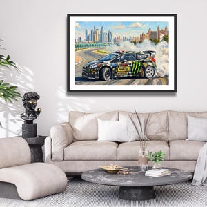 Ken Block Hoonigan Ford Fiesta ST RX43: Gymkhana 8 Dubai Impressionist Impasto Motorsport Print in a black frame hanging in a living room