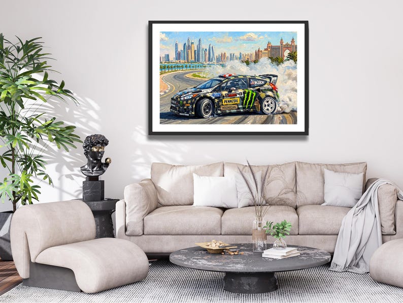 Ken Block Hoonigan Ford Fiesta ST RX43: Gymkhana 8 Dubai Impressionist Impasto Motorsport Print in a black frame hanging in a living room