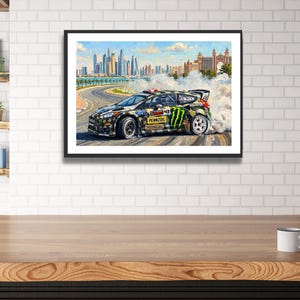 Ken Block Hoonigan Ford Fiesta ST RX43: Gymkhana 8 Dubai Impressionist Impasto Motorsport Print in a black frame hanging in a kitchen