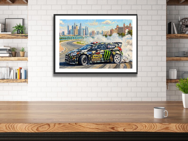 Ken Block Hoonigan Ford Fiesta ST RX43: Gymkhana 8 Dubai Impressionist Impasto Motorsport Print in a black frame hanging in a kitchen