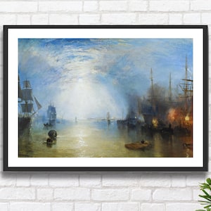 May include: A painting depicting a seascape with several ships at anchor in a harbor. The sky is a pale blue with wispy clouds and a bright light shining through. The water is calm and reflective, with a hazy atmosphere. The ships are silhouetted against the light, creating a dramatic and atmospheric scene.