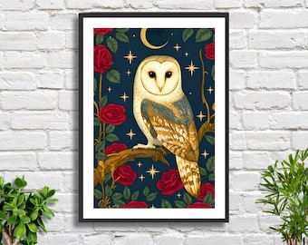 Mystical Barn Owl Art Print – Celestial Owl and Red Roses illustration