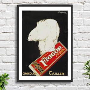 Leonetto Cappiello 'Frigor, Chocolat Cailler' Jugendstil Vintage französisches Schokoladenwerbeplakat Giclée-Druck / gerahmter Druck. Ideales Geschenk.
