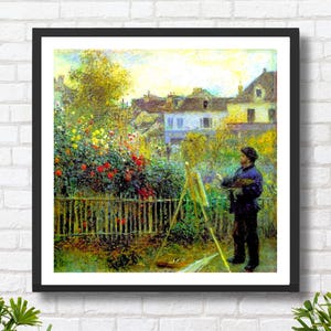 Pierre-Auguste Renoir "Monet dipinge nel suo giardino ad Argenteuil" artista impressionista francese stampa quadrata/stampa incorniciata/tela montata