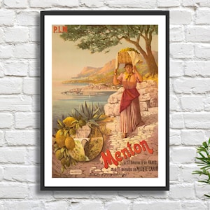 Cartel de viaje francés vintage de Frederic Hugo d’ Alési 'Menton' 1898 (cerca de Niza y Montecarlo). Impresión giclée o impresión enmarcada del sur de Francia.