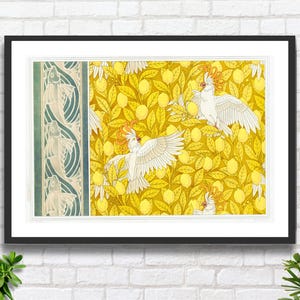 Maurice Pillard Verneuil 'Fish, schabloniertes Fries. Kakteen und Zitronen, Cretonne französischer Künstler gelb grüner Art-Deco-Giclee-Druck / gerahmter Druck.