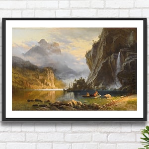 Può includere: Un dipinto che rappresenta un paesaggio sereno con un lago circondato da montagne e una cascata. Due figure sono viste in una canoa sul lago, con uno sfondo nebbioso.