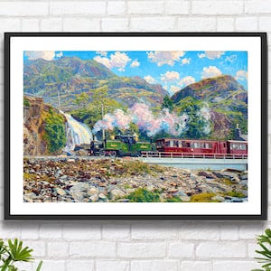 Peut inclure: Peinture encadrée d'un paysage avec un train à vapeur vert tirant des wagons rouges sur un pont. La scène se déroule dans une région montagneuse avec une cascade et des nuages blancs. L'œuvre est encadrée d'un cadre noir.