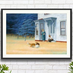Puede incluir: Impresión enmarcada de una pintura que representa una casa con dos personas y un perro en un campo. La casa es blanca con un porche azul. Una mujer con un vestido turquesa y un hombre con una camisa blanca están en el porche.