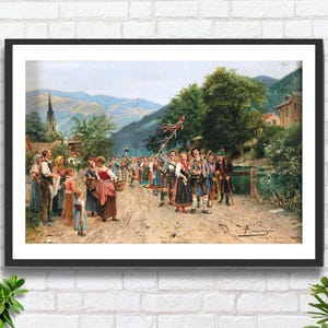 Johann Hamza, "Le nozze contadine", artista tedesco, arte figurativa, decorazione murale verde-marrone, stampa giclée o stampa incorniciata. Ideale per nozze o regalo.