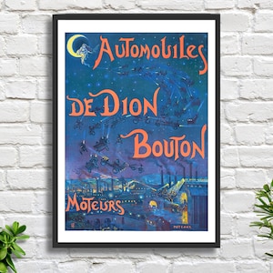 Cartel publicitario de coches franceses antiguos "Automobiles de Dion Bouton", arte mural azul, póster vintage para garaje o cueva de hombre, impresión giclée/impresión enmarcada