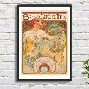 Alphonse Mucha 'Galletas Lefèvre-Útiles' 1896 Cartel publicitario de galletas vintage francesas Cartel de cocina de artista checo Impresión giclée/impresión enmarcada