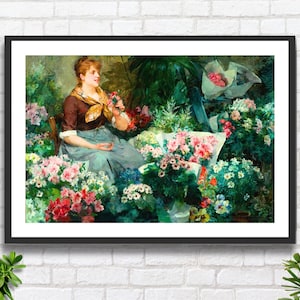 Louis Marie De Schryver 'Il venditore di fiori' 1887 Scena del mercato dei fiori parigino Artista francese Arte figurativa Stampa giclée o stampa incorniciata.