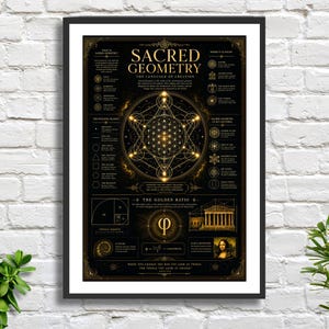 Könnte beinhalten: Gerahmtes Poster mit den Worten "Sacred Geometry" in goldener Schrift. Das Poster zeigt geometrische Formen, Symbole und Text auf schwarzem Hintergrund. Das Poster befindet sich in einem schwarzen Rahmen und hängt an einer weißen Backsteinmauer.