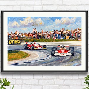 May include: Oil painting print depicting a Formula 1 race. Two red and white racing cars are shown on a track, with a crowd of spectators in the background. The sky is blue with white clouds.