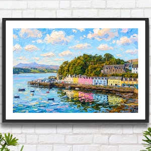 Pode incluir: Uma impressão de pintura a óleo numa moldura preta retratando uma cena portuária com edifícios coloridos ao longo do cais, pequenos barcos em água azul, árvores verdes e um céu brilhante com nuvens brancas, tudo com pinceladas visíveis.