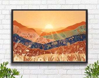 Puede incluir: Impresión artística enmarcada que representa un paisaje estilizado con montañas en capas en tonos naranja, azul y verde. Un sol brillante irradia desde el centro, y el primer plano muestra flores silvestres y hierba alta. La obra de arte está en un marco negro.