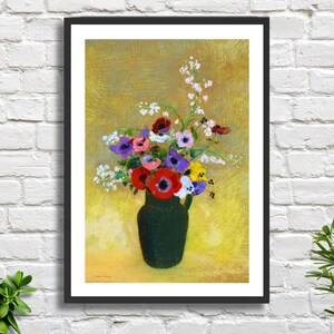 Stampa giclée o stampa giclée incorniciata della natura morta 'Grande vaso verde con fiori misti' dell'artista simbolista francese Odilon Redon. Regalo ideale.