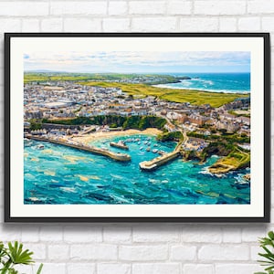 Newquay Harbour Cornwall Aerial View:  Cornish Seaside Town Impressionist Wall Art Print or Canvas