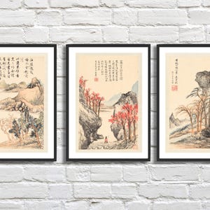 Set di 3 stampe d'arte cinese di Pan Gongshou, 'Paesaggi secondo i vecchi maestri' pagine P3, 6 e 7. Disponibili con o senza cornice. Regalo ideale.