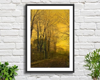 English Artist John Atkinson Grimshaw October After Glow 1885 gold wall decor landscape art giclee print or framed giclee print. Ideal gift.