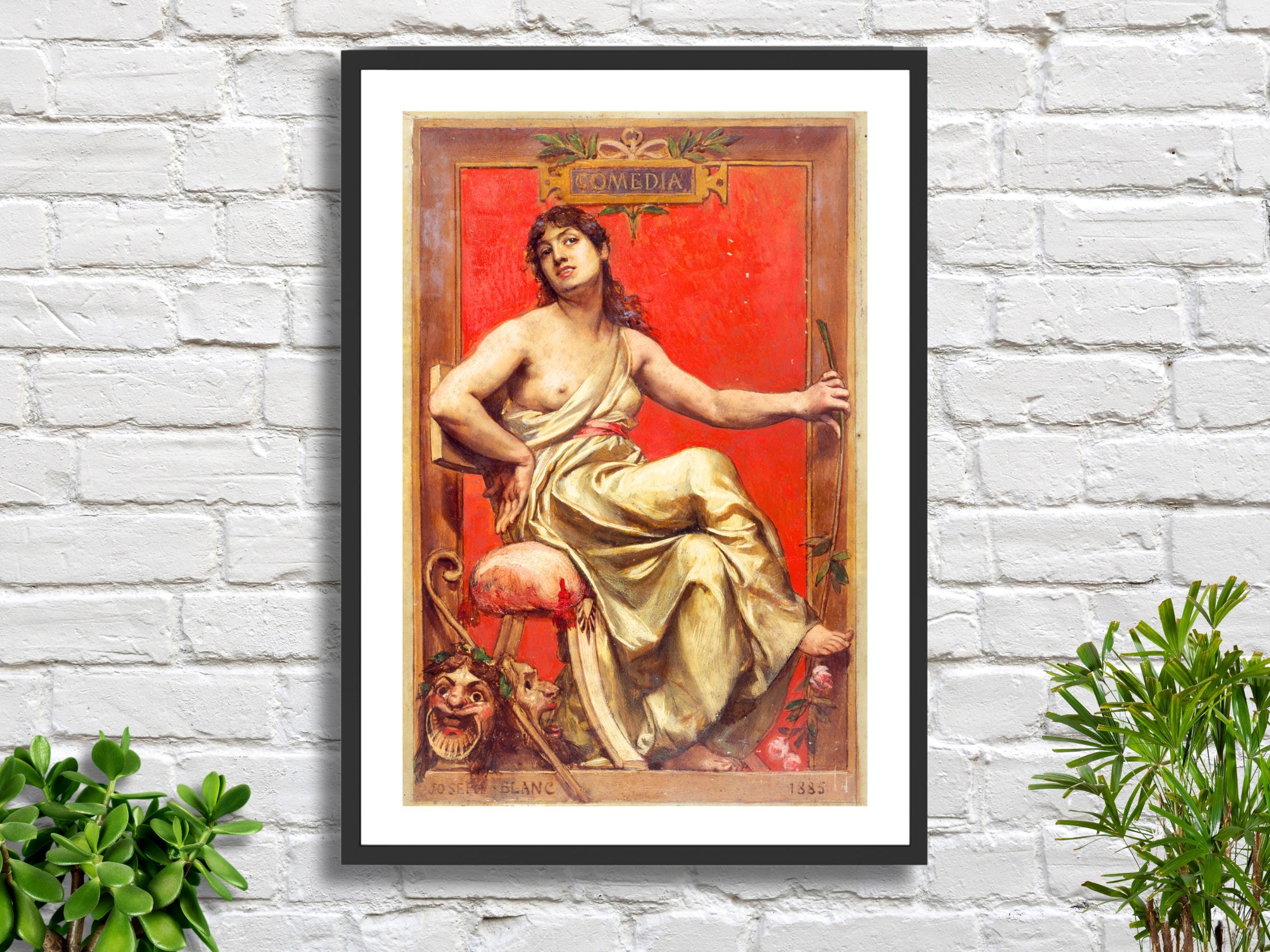 Joseph Blanc 'En Allégorie de la Comédie' (Allegory of Comedy) French Artist mythology art red and gold wall decor giclee print/framed print