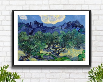 May include: Framed art print of a landscape painting featuring olive trees with green foliage and twisted trunks. The background shows rolling hills and a cloudy sky, painted in shades of blue and yellow. The artwork is displayed in a black frame.