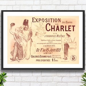 Puede incluir: Un cartel vintage que anuncia una exposición de las obras de Charlet y litografías. El cartel presenta una ilustración en blanco y negro de personas en un entorno de galería. El texto en el cartel dice "Exposition des œuvres de Charlet et de Lithographies Modernes" y "Du 1. au 15 Juin 1893".