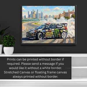 Ken Block Hoonigan Ford Fiesta ST RX43: Gymkhana 8 Dubai Impressionist Impasto Motorsport Print in a black frame hanging in a living room