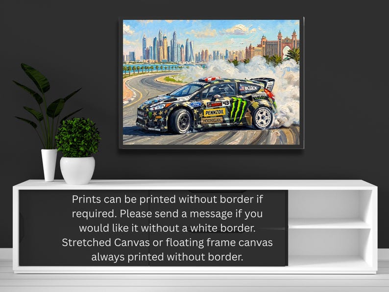 Ken Block Hoonigan Ford Fiesta ST RX43: Gymkhana 8 Dubai Impressionist Impasto Motorsport Print in a black frame hanging in a living room