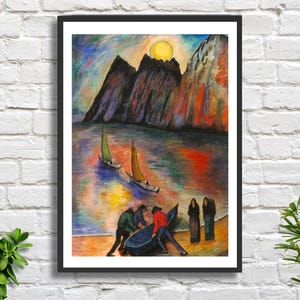 May include: A framed watercolor painting depicting a coastal scene with sailboats, mountains, and figures. The artwork features a vibrant color palette with a prominent yellow sun and a dark frame.