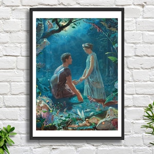 John Simmons 'Ermia e Lisandro, Sogno di una notte di mezza estate' personaggi di Shakespeare arte murale blu mitologia stampa giclée/stampa incorniciata.