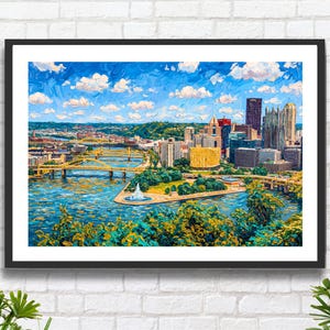 Pittsburghs silhuett och broar: Pennsylvanias stadslandskap impressionistisk impasto väggkonsttryck eller canvas
