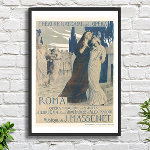 Georges Antoine Rochegrosse, 'Roma', artista francese, poster vintage dell'Opera di J. Massenet, decorazione da parete in grigio-blu, stampa giclée/stampa incorniciata. Regalo ideale.