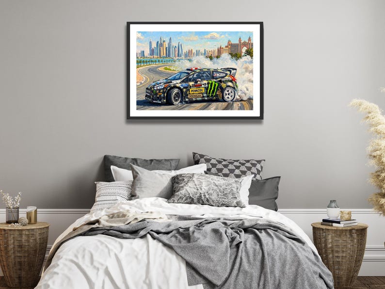 Ken Block Hoonigan Ford Fiesta ST RX43: Gymkhana 8 Dubai Impressionist Impasto Motorsport Print in a black frame hanging in a bedroom