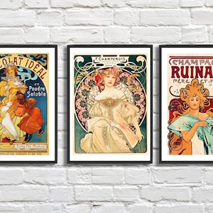 Set di 3 stampe, Alphonse Mucha- Chocolat Ideal, Champenois e Champagne Ruinart Perere. Stampe di poster da cucina disponibili con o senza cornice.