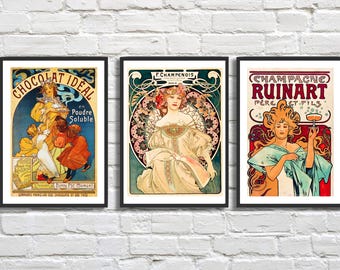 Set of 3 prints, Alphonse Mucha- Chocolat Ideal, Champenois & Champagne Ruinart Perere. Kitchen poster prints available framed or unframed.