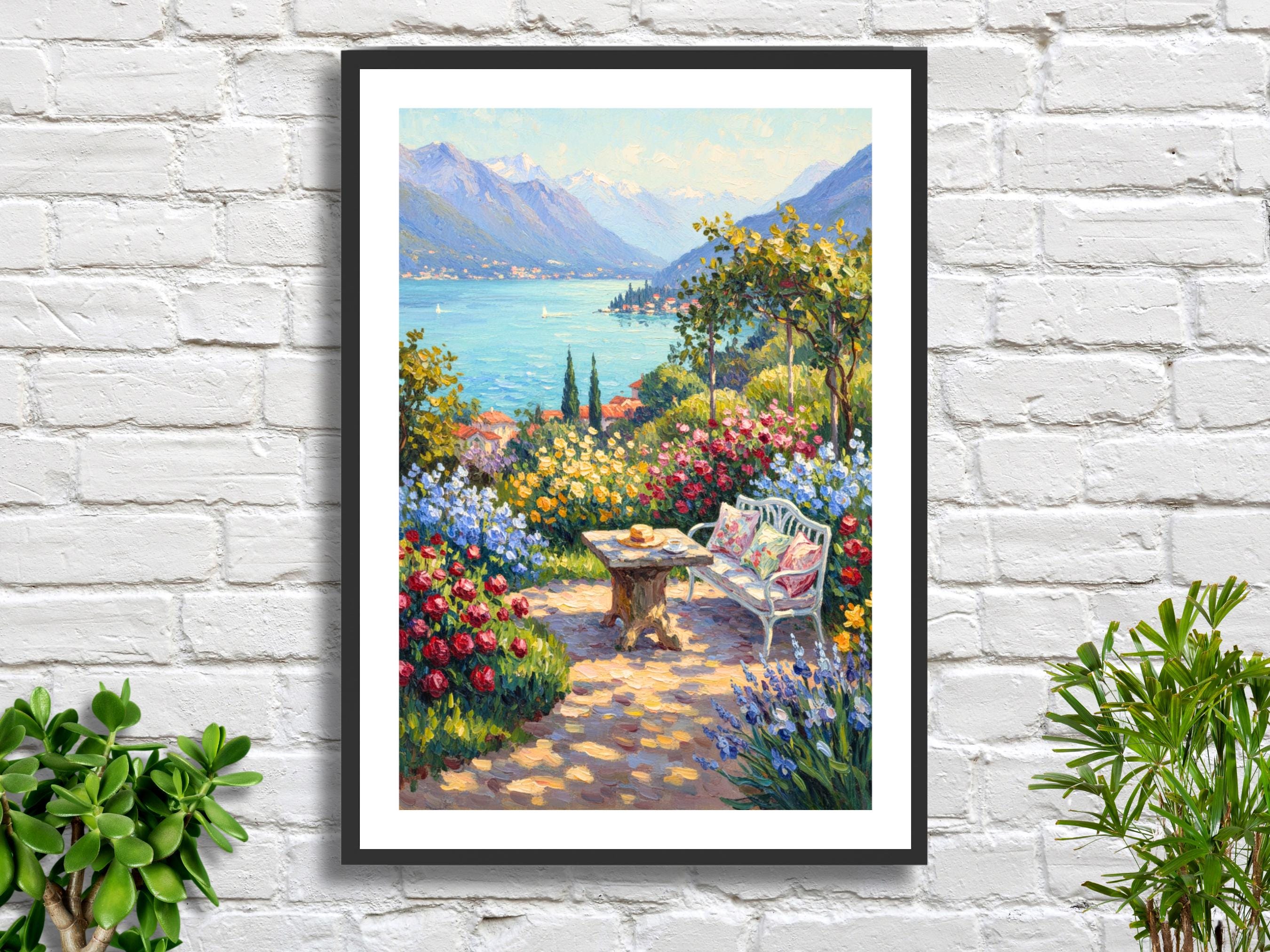 コモ湖を見下ろす花園：色鮮やかなイタリア湖畔の印象派風景画 - Etsy 日本