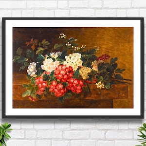 Johan Laurentz Jensen 'Natura morta con fiori di biancospino', stampa giclée o stampa incorniciata di una natura morta con fiori rossi e bianchi dell'artista danese.